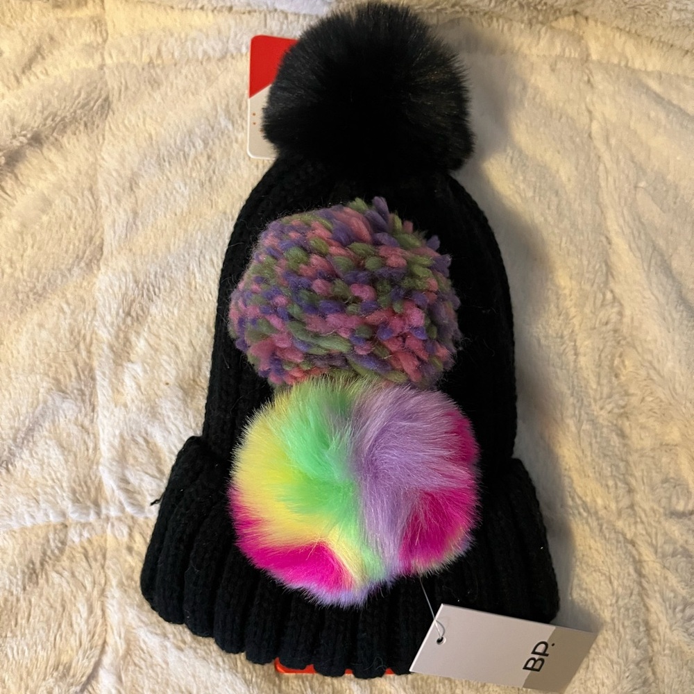 Nordstrom BP Black Knit Winter Beanie Hat Pick-A-Pom NWT Interchangeable Snap In